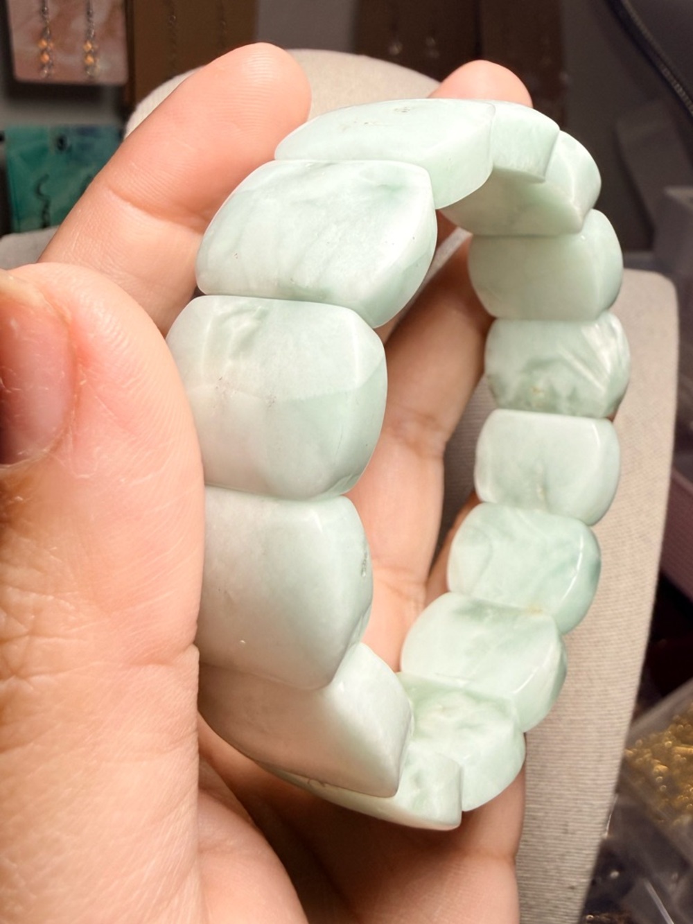 Green Moonstone Bangle Bracelet Chunky Gemstone Stretch Bracelet - Picture 2 of 6
